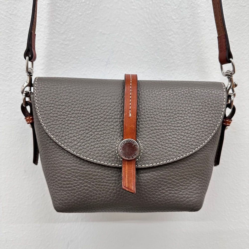 Dooney & Bourke Cambridge Crossbody Saddle Bag Gray Pebbled Leather Brown Luxury